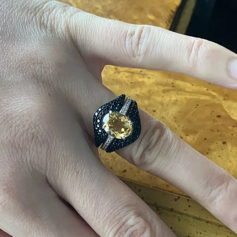 Natural Brazilian Citrine Black Spinel Ring Set Size 6